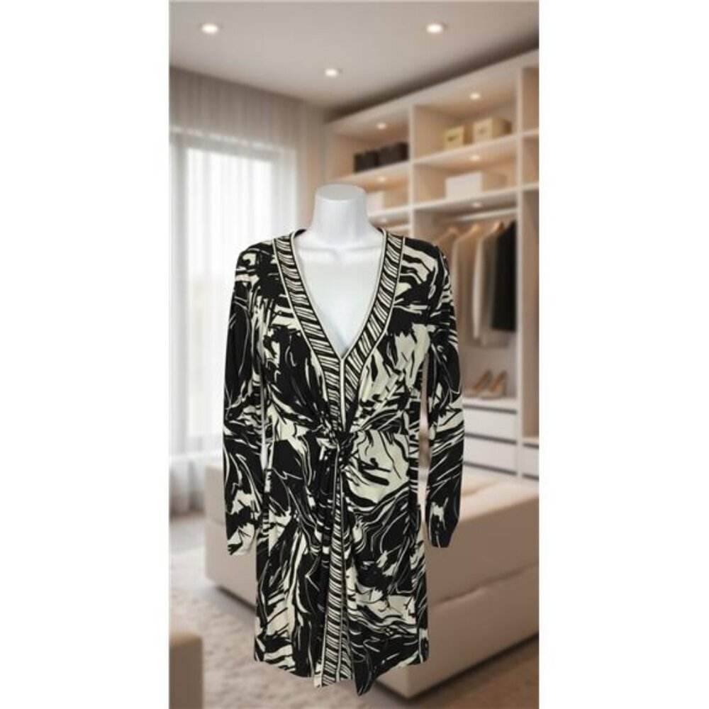 BCBGMAXAZRIA Women S Tunic Dress Black And Tan Abstract 3/4 Sleeve Stretch